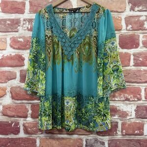 Mushka Sienna Rose Tunic Top Women's L Blue Multicolor Boho Floral Sheer Shirt